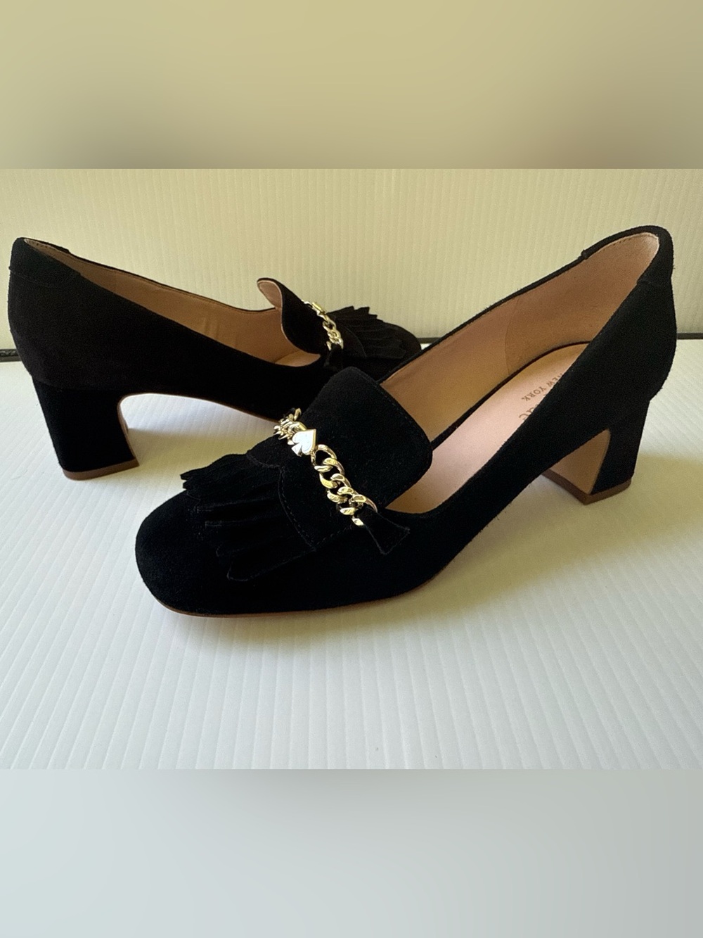 Kate Spade Molly  Suede Fringe Block Heel Loafers with Silver  Chain Size 6.5 B